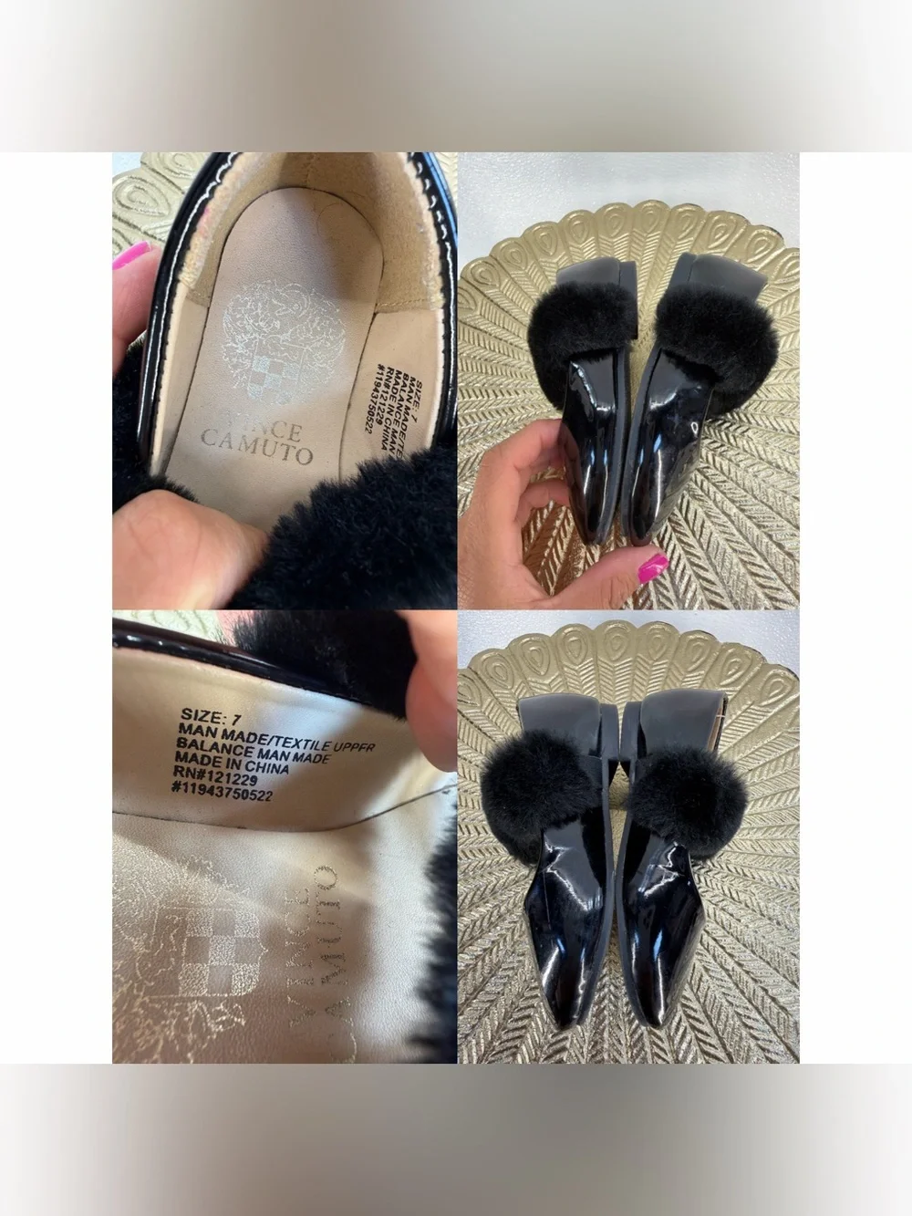 Vince Camuto Girls Black Patent‎ Faux Fur Mary Jane Flats Size 7